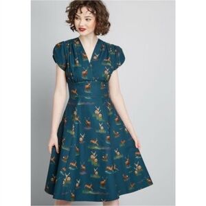 PALAVA Rita Dress Teal Deer Print Retro Style Dress